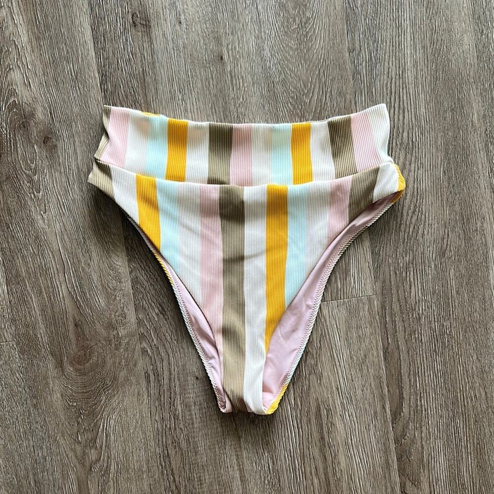 Aerie Pastel Striped High-Waisted High Leg Cheeky Bikini Bottom Size Large